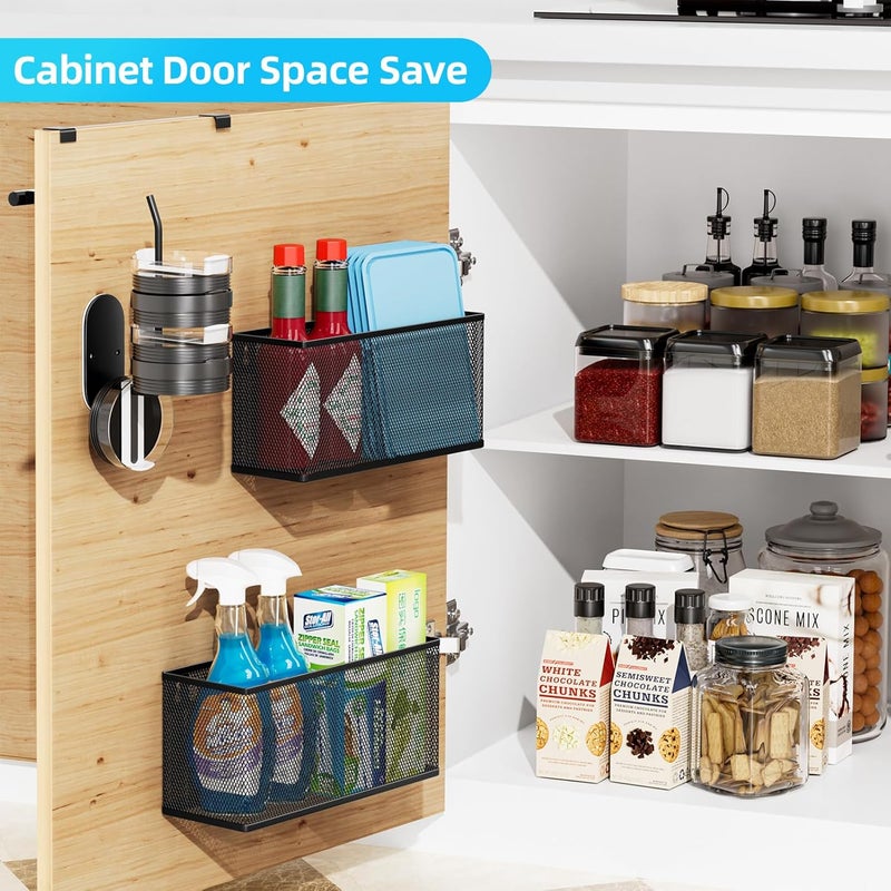 VITVITI 5 Pack Cabinet Door Organizer, Kitchen Over the Door Towel Holder and Tumbler Lid Organizer, Metal Adhesive Bathroom Inside Cabinet Doors Basket, Black - Image 2